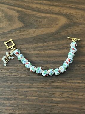 White Ceramic Painted Cloisonné Beaded Bracelet with Unique Toggle Clasp
